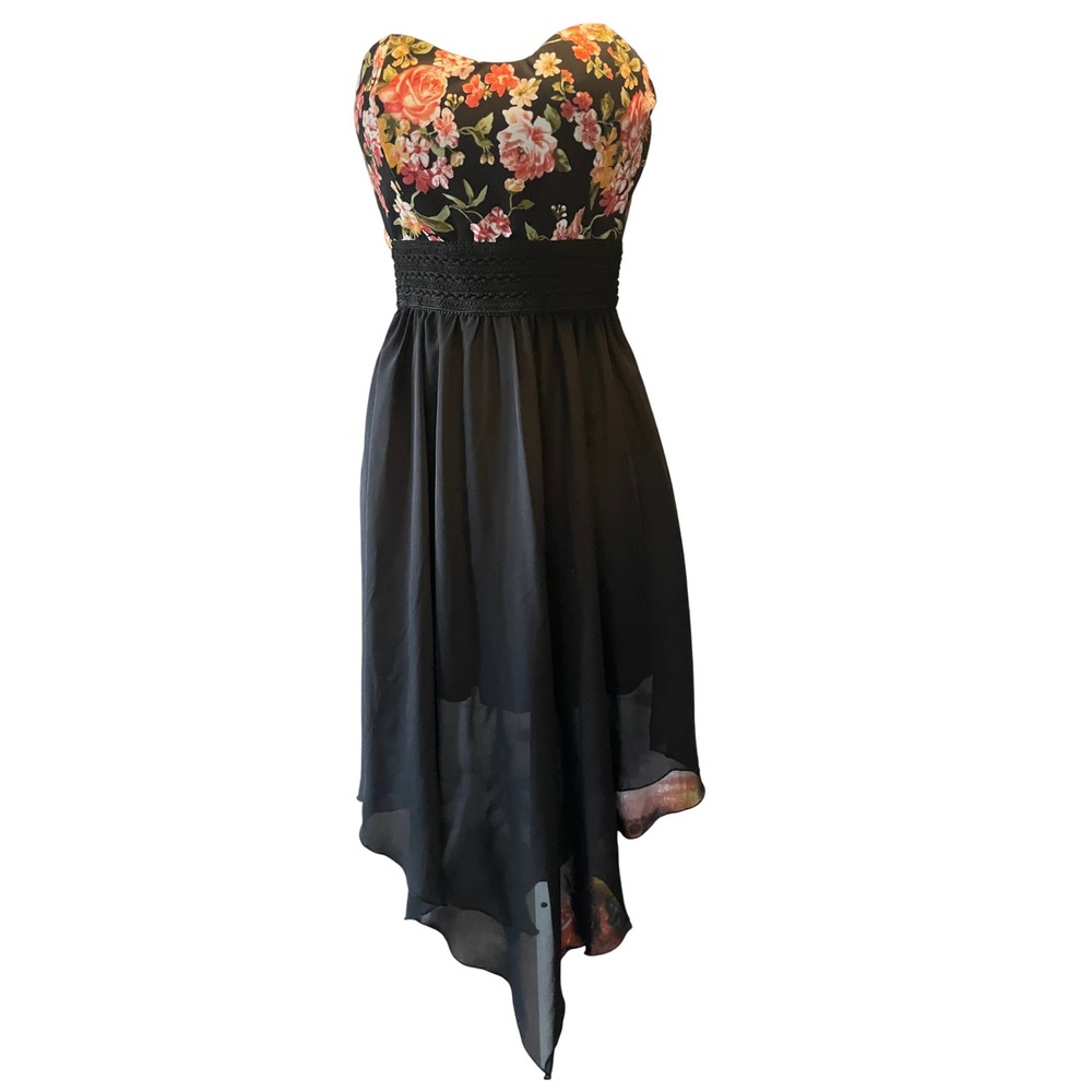 Womens Dark Floral Whimsigoth Sweetheart Asymmetrical Dress Medium Wedding Guest